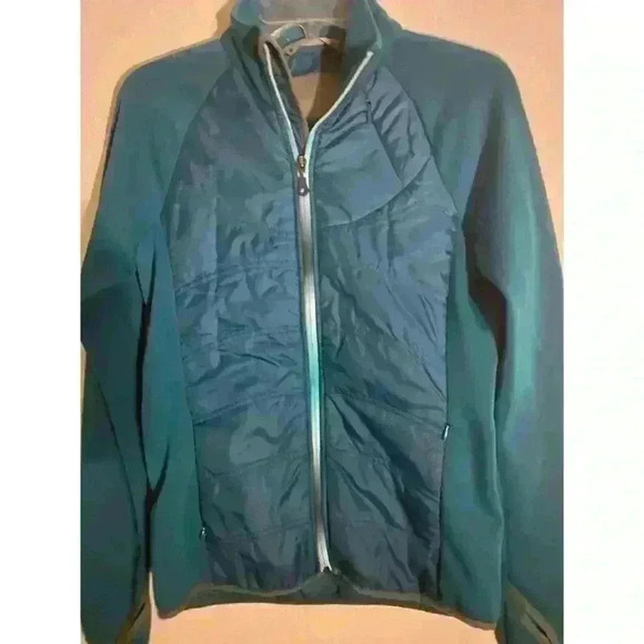 Athleta Quilted Large Graphic Logo Printed Back Teal Zip Up Athleisure Jacket S - Picture 2 of 14